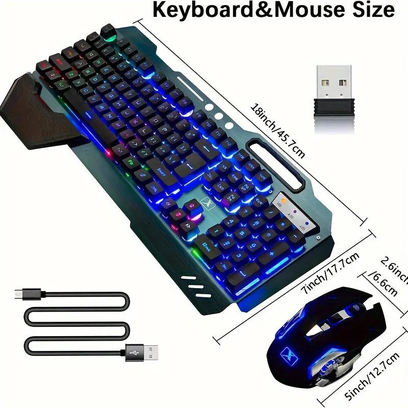 2.4 GHz Wireless Rechargeable Keyboard Mouse Combo Set 4800mAh Long Battery 16 Color modes RGB LED Backlit Mechanical Feel Gamer Keyboard 2400DPI LED Breathing Optical Mouse Mice Compatible with Pc