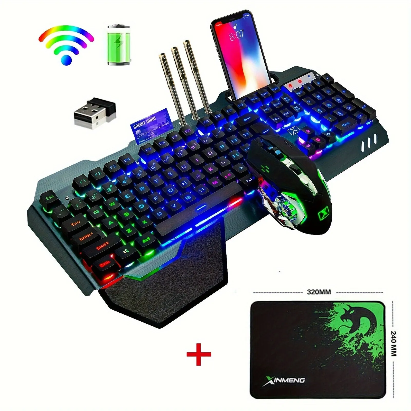 2.4 GHz Wireless Rechargeable Keyboard Mouse Combo Set 4800mAh Long Battery 16 Color modes RGB LED Backlit Mechanical Feel Gamer Keyboard 2400DPI LED Breathing Optical Mouse Mice Compatible with Pc
