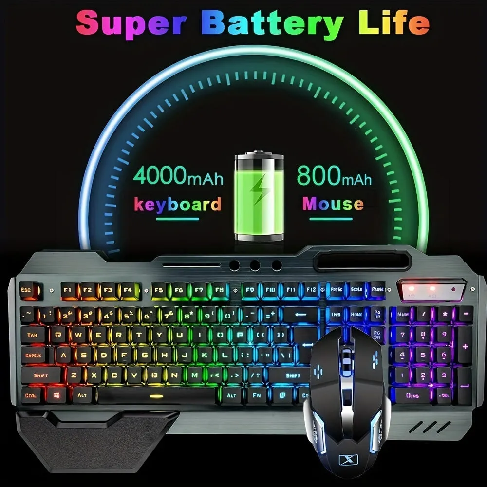 2.4 GHz Wireless Rechargeable Keyboard Mouse Combo Set 4800mAh Long Battery 16 Color modes RGB LED Backlit Mechanical Feel Gamer Keyboard 2400DPI LED Breathing Optical Mouse Mice Compatible with Pc