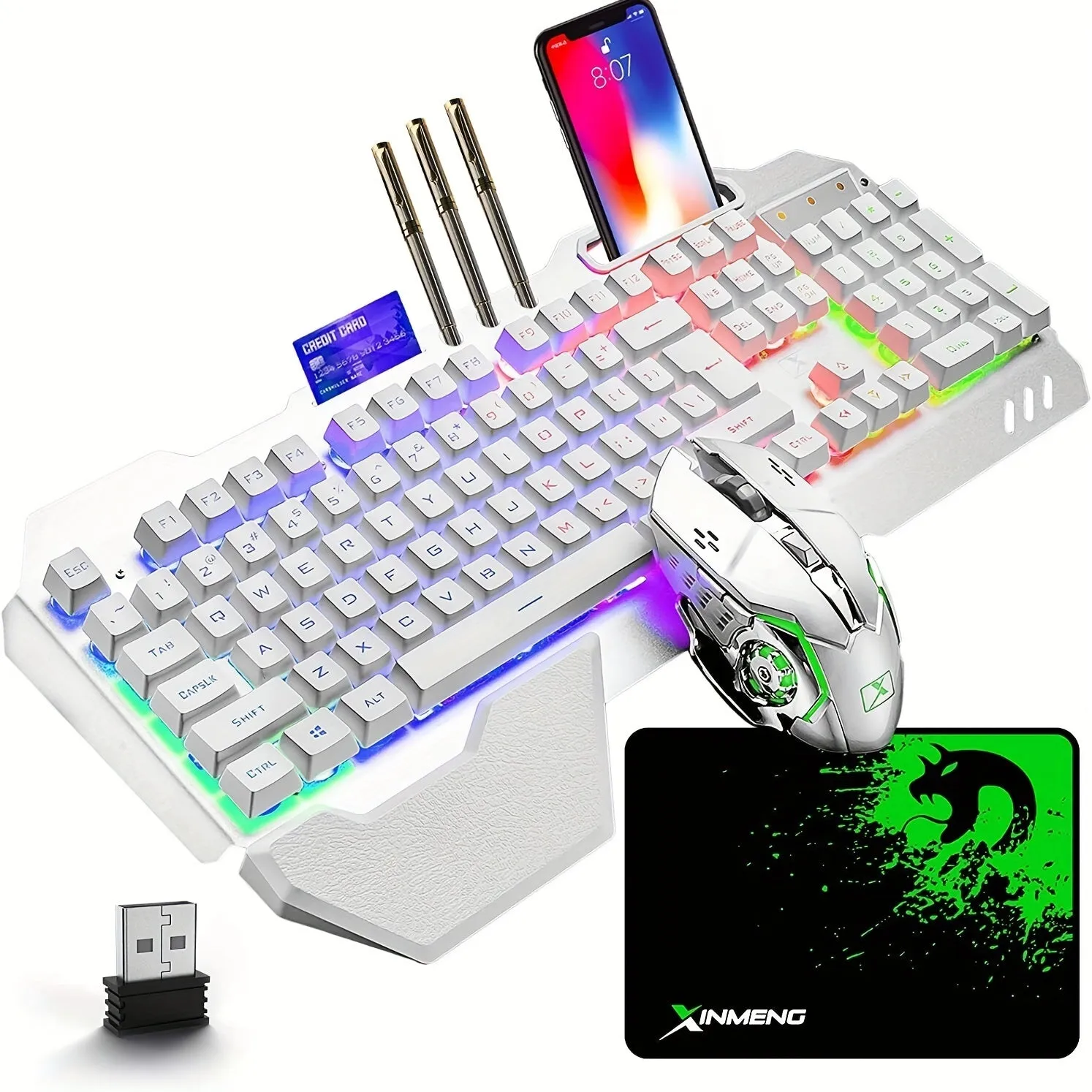 2.4 GHz Wireless Rechargeable Keyboard Mouse Combo Set 4800mAh Long Battery 16 Color modes RGB LED Backlit Mechanical Feel Gamer Keyboard 2400DPI LED Breathing Optical Mouse Mice Compatible with Pc