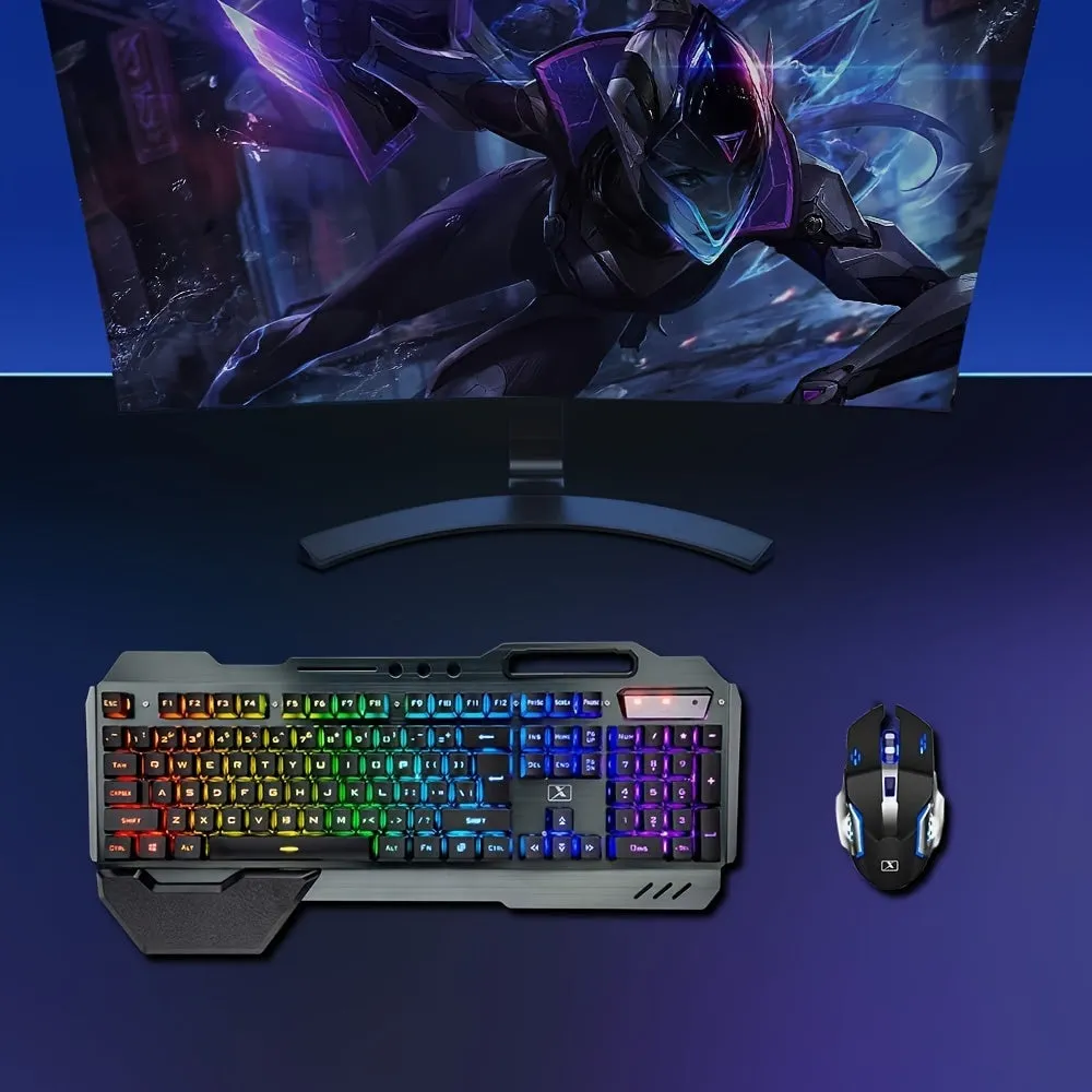 2.4 GHz Wireless Rechargeable Keyboard Mouse Combo Set 4800mAh Long Battery 16 Color modes RGB LED Backlit Mechanical Feel Gamer Keyboard 2400DPI LED Breathing Optical Mouse Mice Compatible with Pc