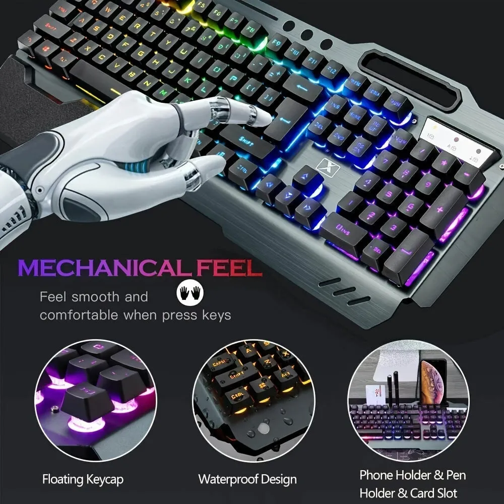 2.4 GHz Wireless Rechargeable Keyboard Mouse Combo Set 4800mAh Long Battery 16 Color modes RGB LED Backlit Mechanical Feel Gamer Keyboard 2400DPI LED Breathing Optical Mouse Mice Compatible with Pc