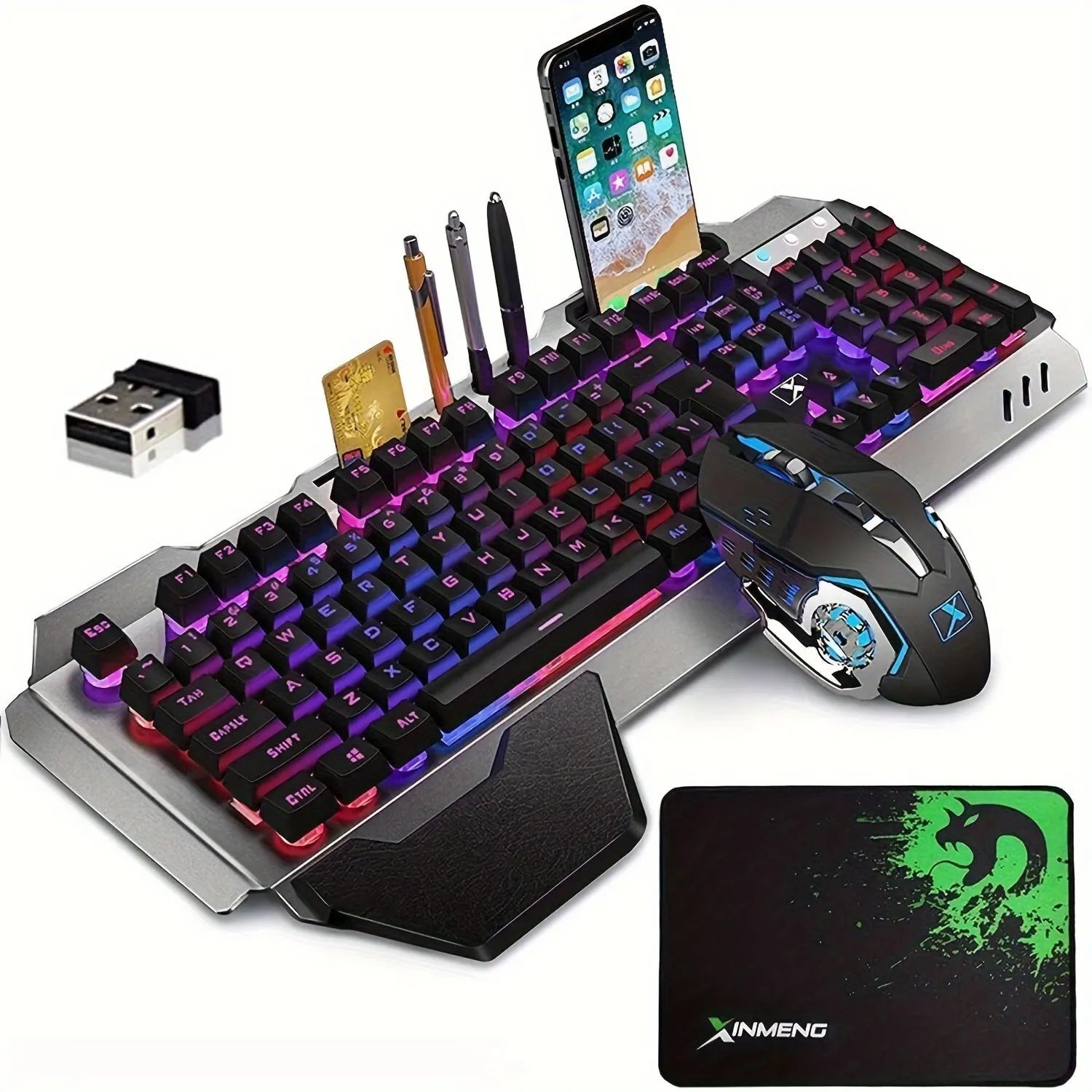2.4 GHz Wireless Rechargeable Keyboard Mouse Combo Set 4800mAh Long Battery 16 Color modes RGB LED Backlit Mechanical Feel Gamer Keyboard 2400DPI LED Breathing Optical Mouse Mice Compatible with Pc