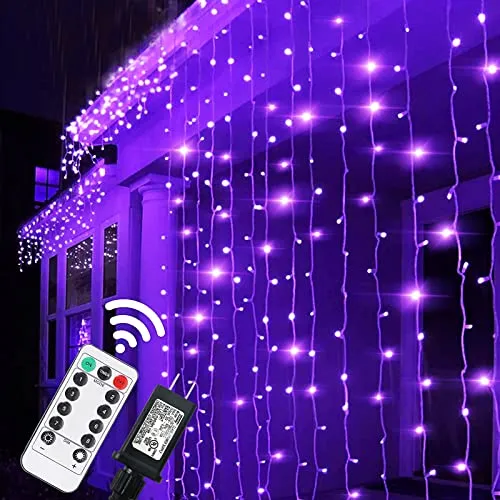 300 LED Purple Curtain String Lights - 8 Modes - Indoor/Outdoor