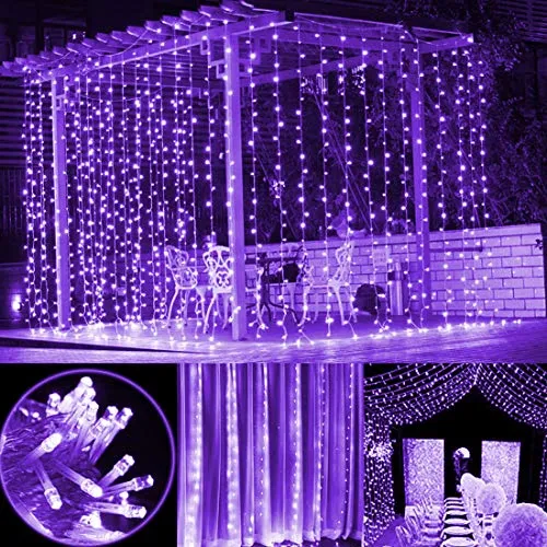 300 LED Purple Curtain String Lights - 8 Modes - Indoor/Outdoor