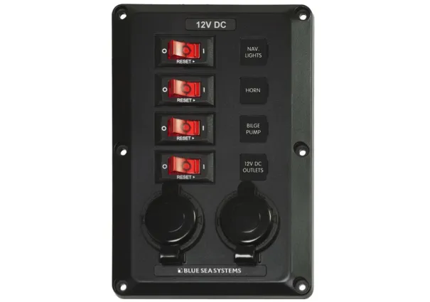 Blue Sea 4 Position with 2 x 12V Sockets Below Deck Circuit Breaker Panel