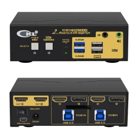 CKL 2x2 Matrix DisplayPort  HDMI KVM Switch Dual Monitor USB 3.0 4K 60Hz, PC Monitor Keyboard Mouse Peripherals Sharing Box with Cables for 2 Computers or Laptops CKL-622DH-M