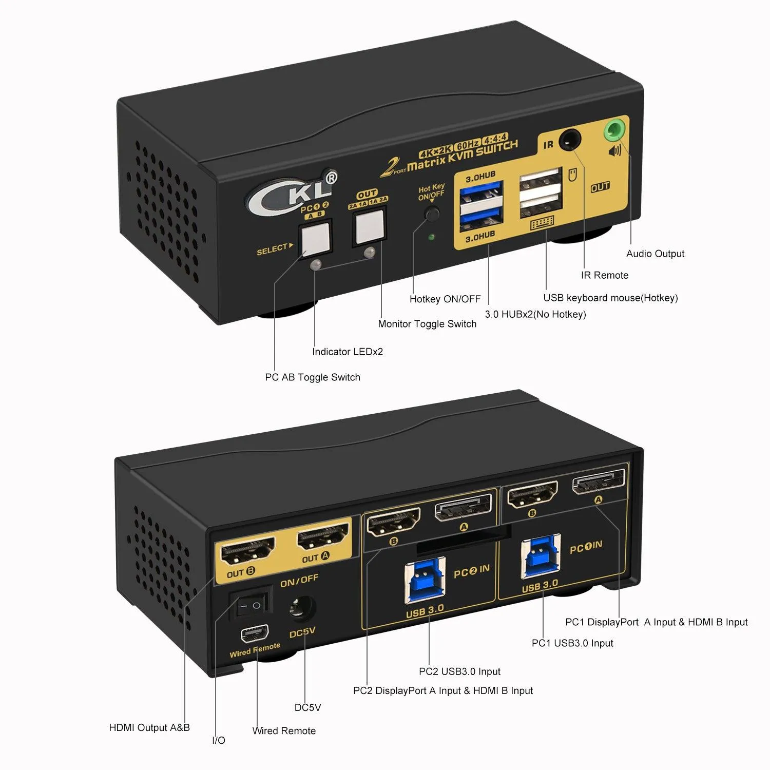 CKL 2x2 Matrix DisplayPort  HDMI KVM Switch Dual Monitor USB 3.0 4K 60Hz, PC Monitor Keyboard Mouse Peripherals Sharing Box with Cables for 2 Computers or Laptops CKL-622DH-M