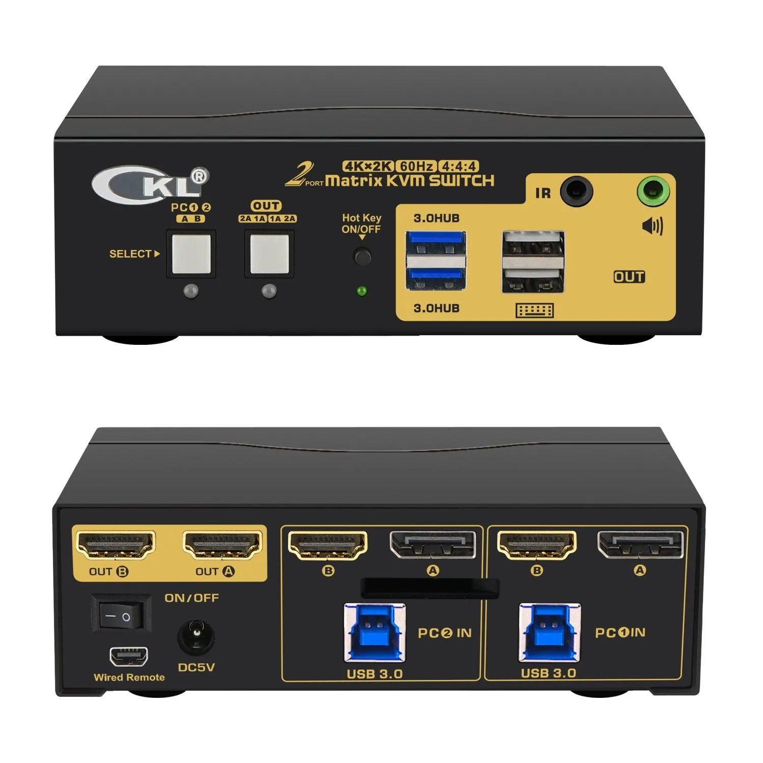 CKL 2x2 Matrix DisplayPort  HDMI KVM Switch Dual Monitor USB 3.0 4K 60Hz, PC Monitor Keyboard Mouse Peripherals Sharing Box with Cables for 2 Computers or Laptops CKL-622DH-M