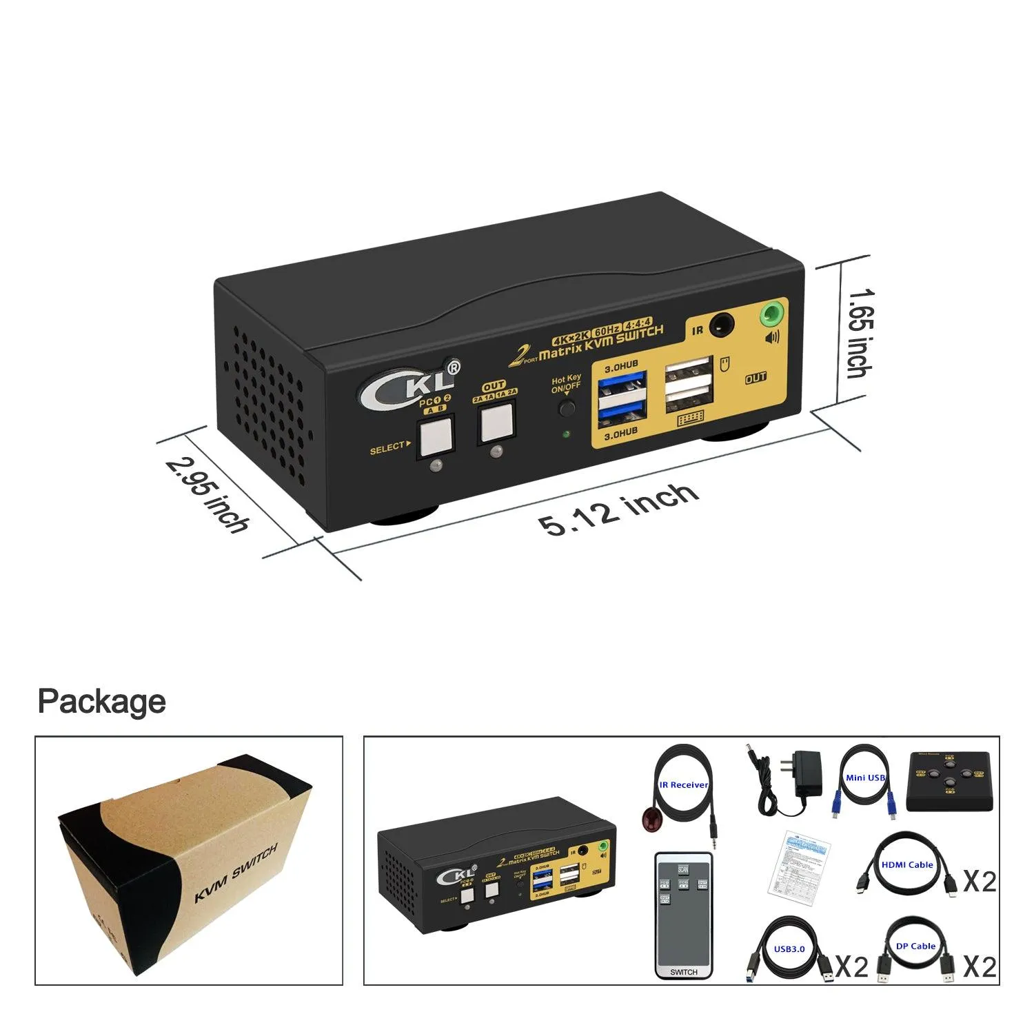 CKL 2x2 Matrix DisplayPort  HDMI KVM Switch Dual Monitor USB 3.0 4K 60Hz, PC Monitor Keyboard Mouse Peripherals Sharing Box with Cables for 2 Computers or Laptops CKL-622DH-M