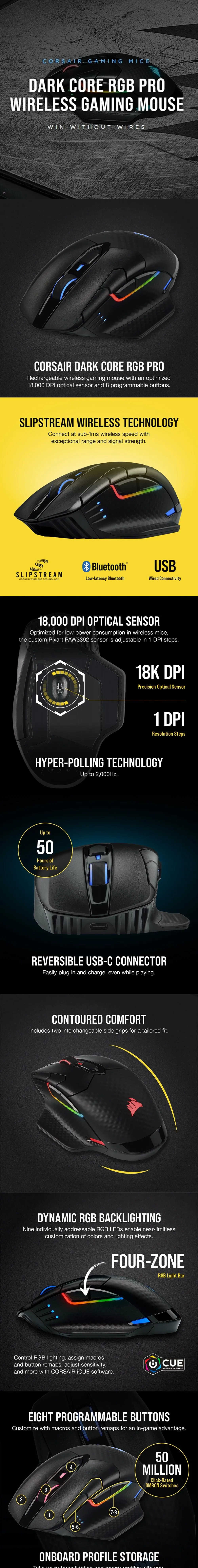 Corsair Dark Core RGB Pro and  Pro SE 18K DPI Comfortable contoured shape with two included interchangeable side grips Wireless Gaming Mouse 7UBE