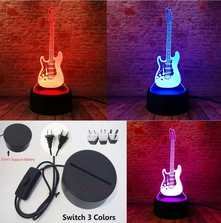 Creative Cartoon 3D Electric Music Guitar Bass Model Illusion Lamp LED 7 Color Change Gradient Baby Child Sleep Night Light Toys