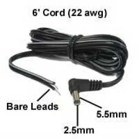 DC Power Cord, 2.5 x 5.5mm Plug to Bare Leads, 6FT/22awg