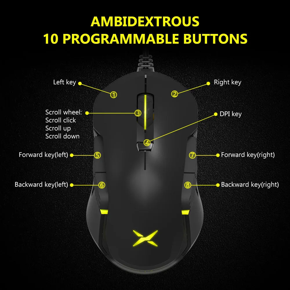 Delux M627 PMW3389 RGB Wired / Wireless Ambidextrous Gaming Mouse with 16000 DPI, 8 Programmable Buttons, Detachable USB-C Input Cable, Side Wings, USB Receiver for Windows XP / 7 / 8 / 10