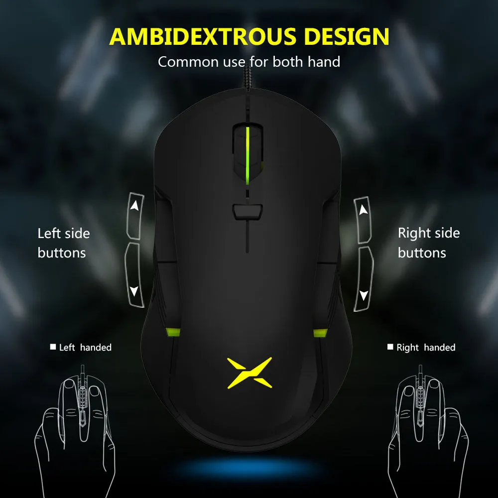Delux M627 PMW3389 RGB Wired / Wireless Ambidextrous Gaming Mouse with 16000 DPI, 8 Programmable Buttons, Detachable USB-C Input Cable, Side Wings, USB Receiver for Windows XP / 7 / 8 / 10