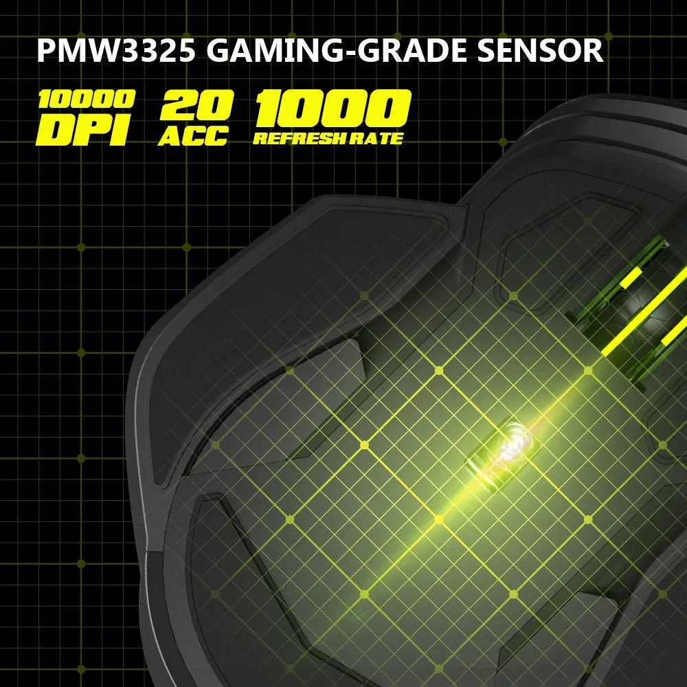 Delux M627 PMW3389 RGB Wired / Wireless Ambidextrous Gaming Mouse with 16000 DPI, 8 Programmable Buttons, Detachable USB-C Input Cable, Side Wings, USB Receiver for Windows XP / 7 / 8 / 10