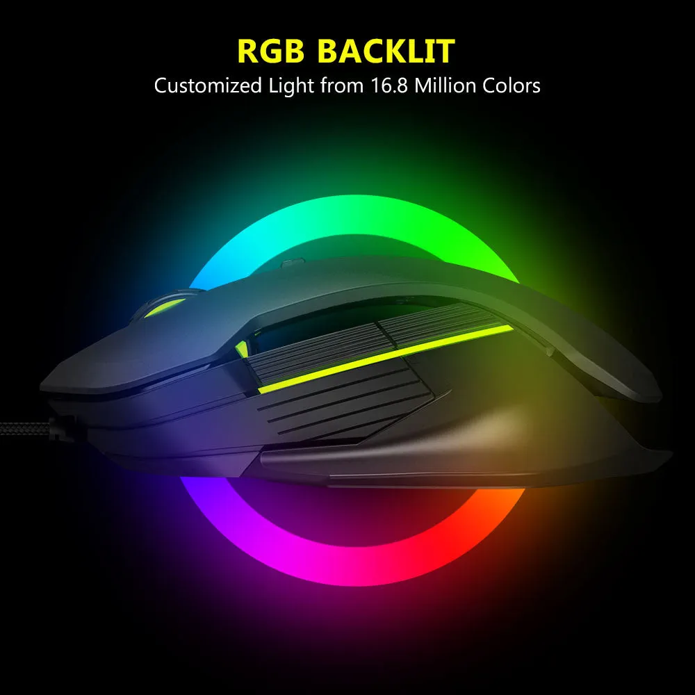 Delux M627 PMW3389 RGB Wired / Wireless Ambidextrous Gaming Mouse with 16000 DPI, 8 Programmable Buttons, Detachable USB-C Input Cable, Side Wings, USB Receiver for Windows XP / 7 / 8 / 10