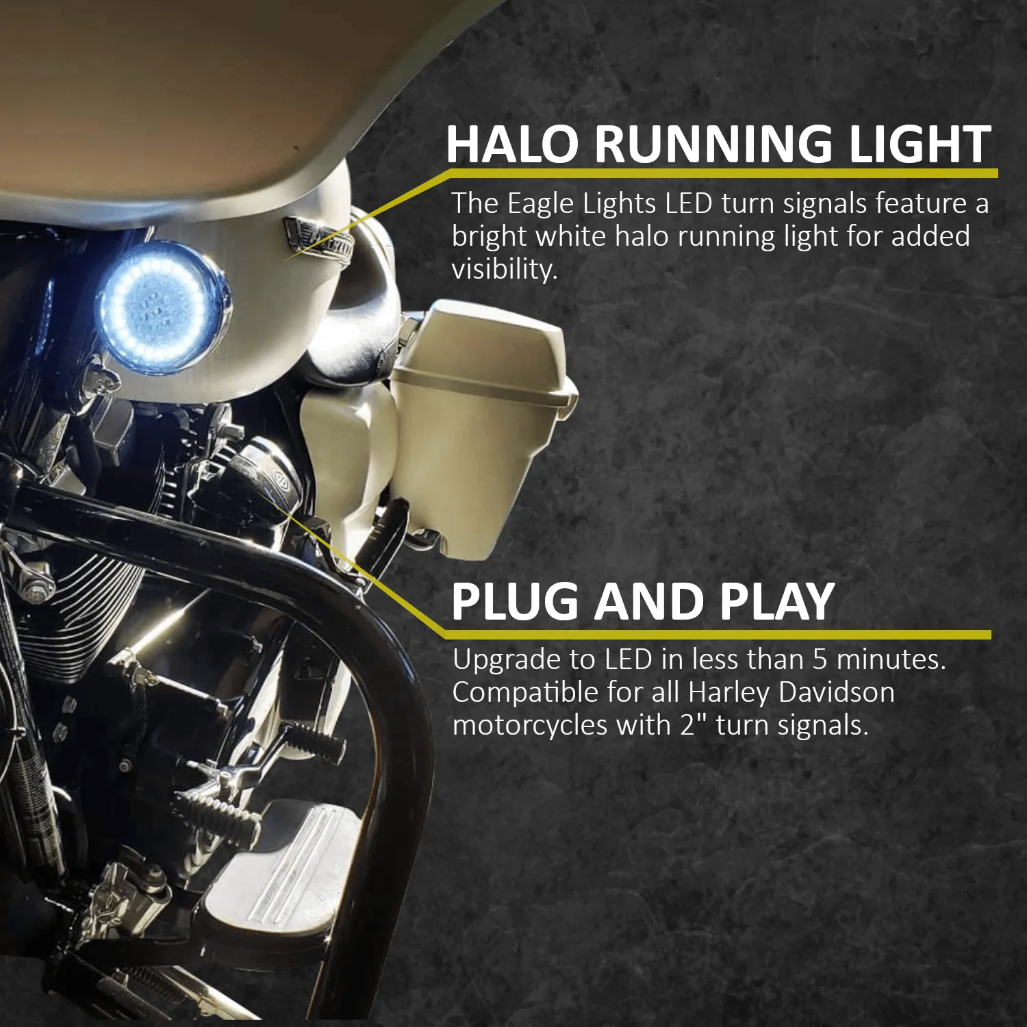 Eagle Lights 2” Front Harley LED Turn Signal with Halo Running Light Kit - White Halo Ring / Amber Turn Signal / 1157 Base