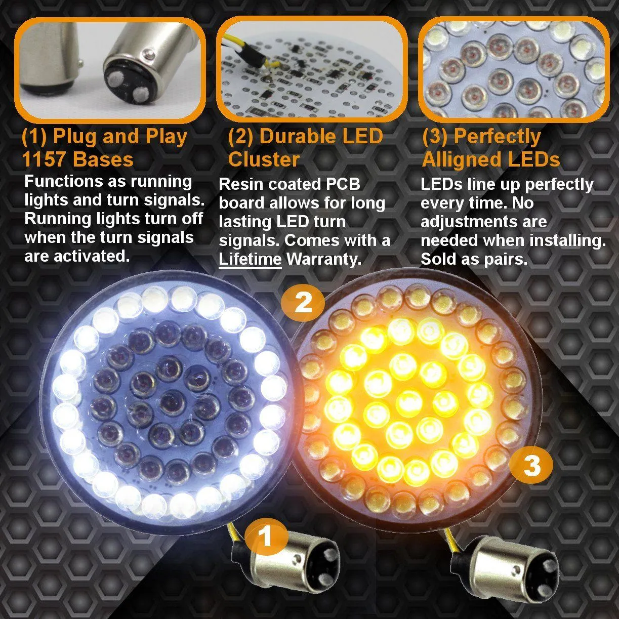 Eagle Lights 2” Front Harley LED Turn Signal with Halo Running Light Kit - White Halo Ring / Amber Turn Signal / 1157 Base