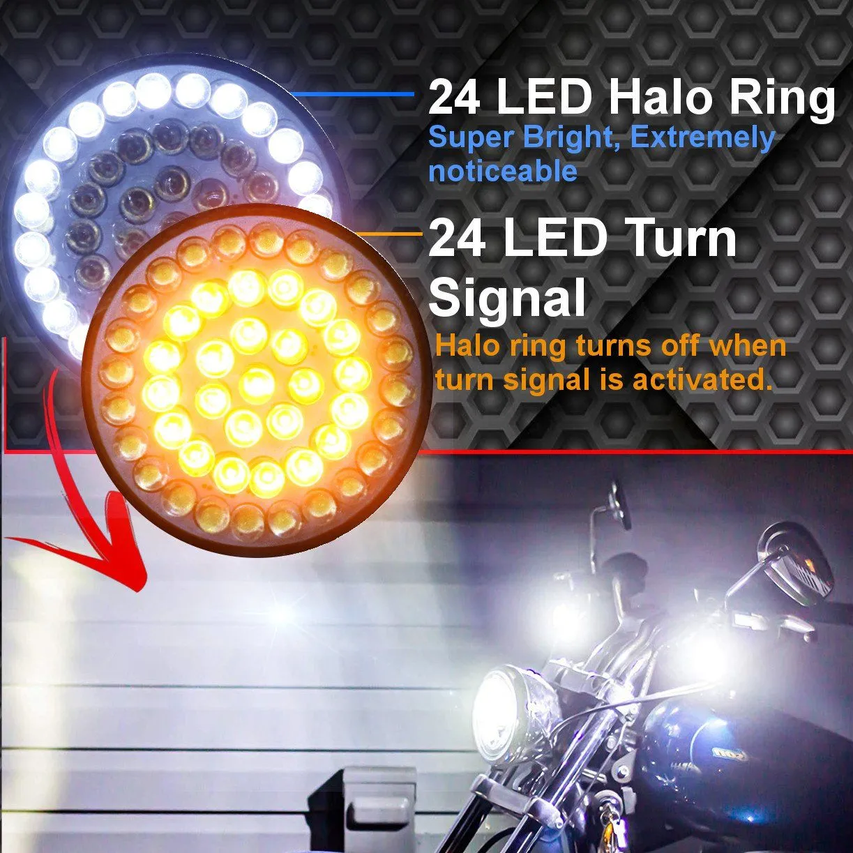 Eagle Lights 2” Front Harley LED Turn Signal with Halo Running Light Kit - White Halo Ring / Amber Turn Signal / 1157 Base