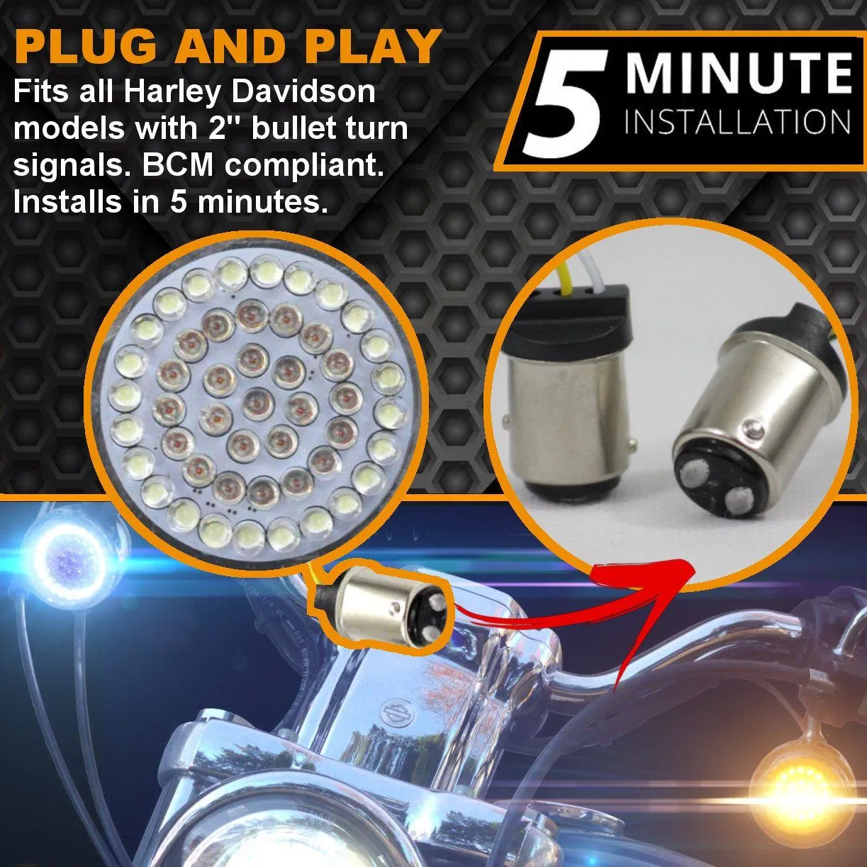 Eagle Lights 2” Front Harley LED Turn Signal with Halo Running Light Kit - White Halo Ring / Amber Turn Signal / 1157 Base