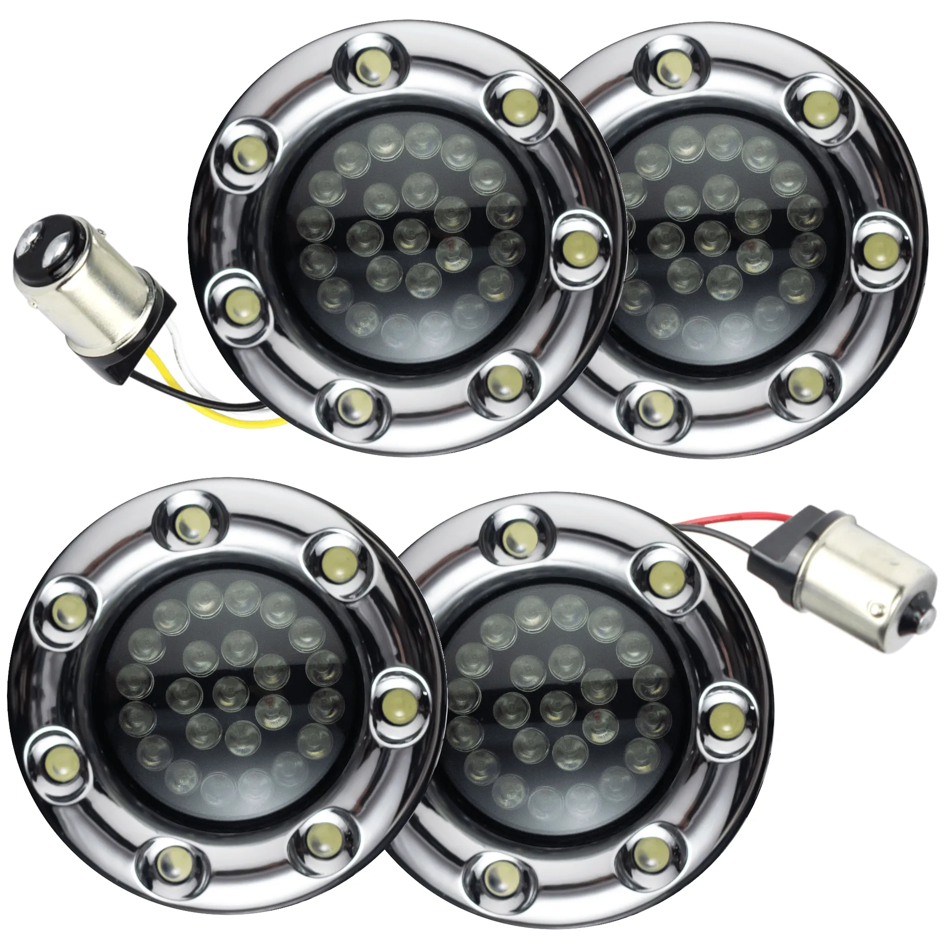 Eagle Lights 2” Infinity Beam Front and Rear (1156) LED Turn Signal Kit w/ Running LED Light Ring Covers for Harley Davidson Motorcycles