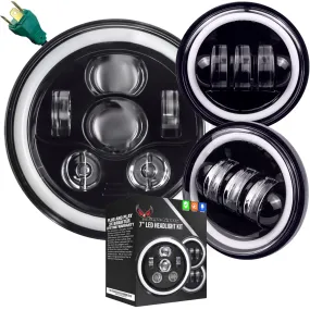 Eagle Lights 7" LED Headlight and 4.5" LED Passing Light Kit with Halo Rings for Harley & Indian Motorcycles - Generation III / Black / Halo Ring