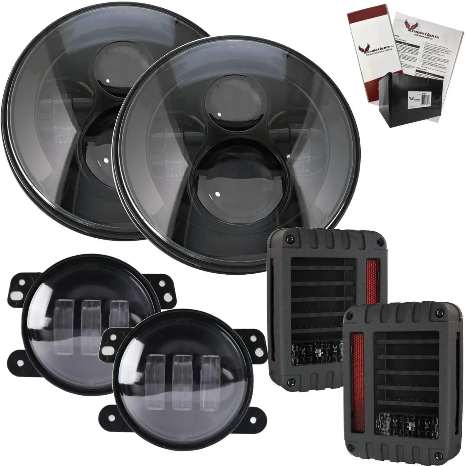Eagle Lights 7" Round Black LED Projector Headlights (Pair) for Jeep Wrangler CJ JK TJ 97-2017 with Pair of Anti Flicker Harnesses