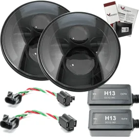 Eagle Lights 7" Round Black LED Projector Headlights (Pair) for Jeep Wrangler CJ JK TJ 97-2017 with Pair of Anti Flicker Harnesses