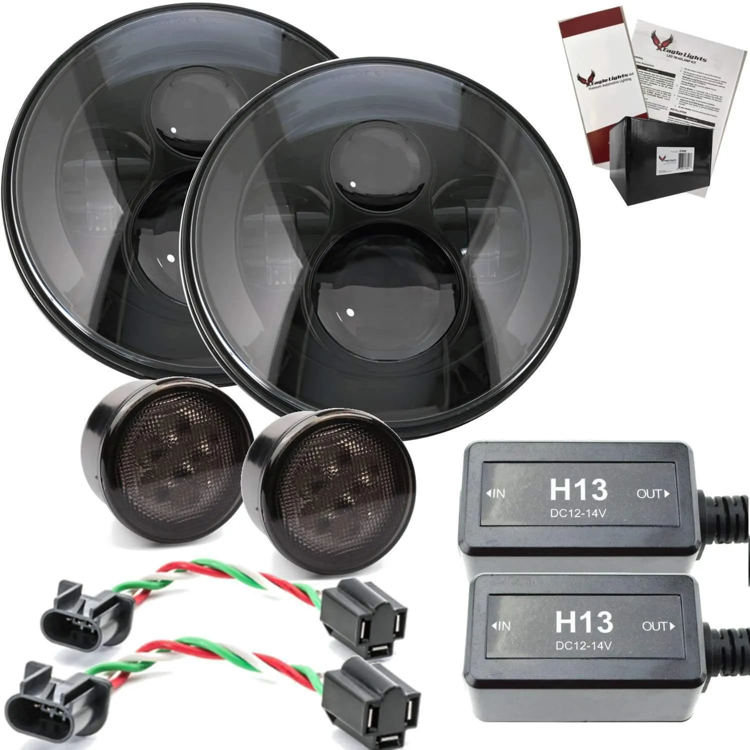 Eagle Lights 7" Round Black LED Projector Headlights (Pair) for Jeep Wrangler CJ JK TJ 97-2017 with Pair of Anti Flicker Harnesses