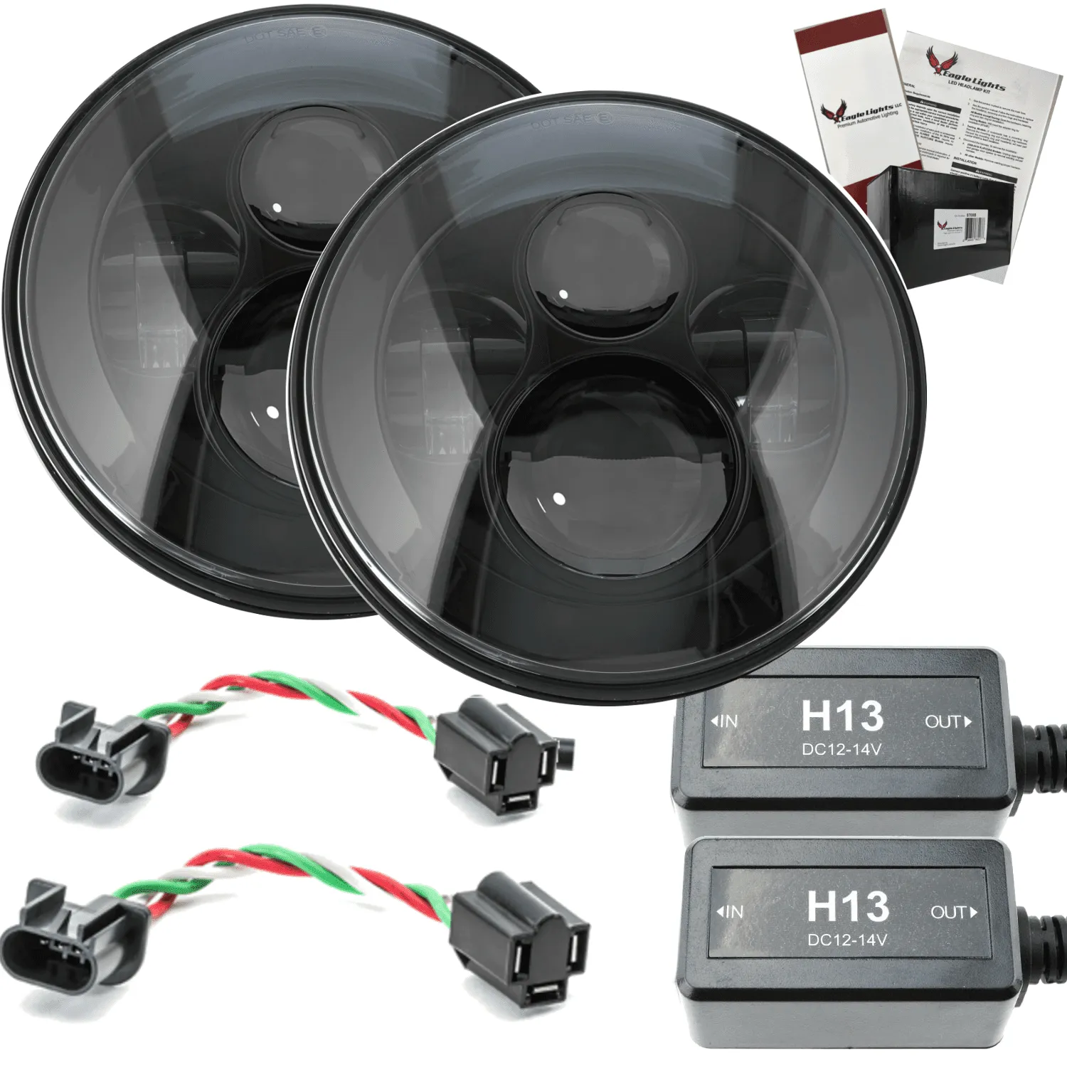 Eagle Lights 7" Round Black LED Projector Headlights (Pair) for Jeep Wrangler CJ JK TJ 97-2017 with Pair of Anti Flicker Harnesses