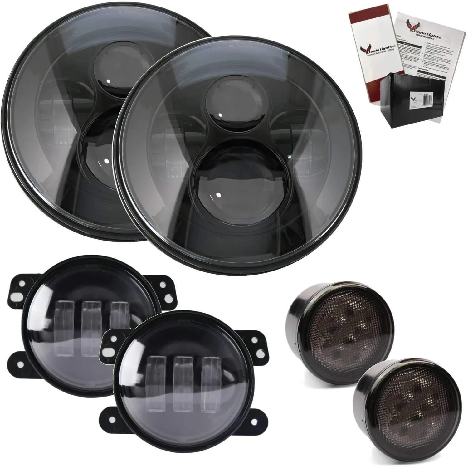 Eagle Lights 7" Round Black LED Projector Headlights (Pair) for Jeep Wrangler CJ JK TJ 97-2017 with Pair of Anti Flicker Harnesses