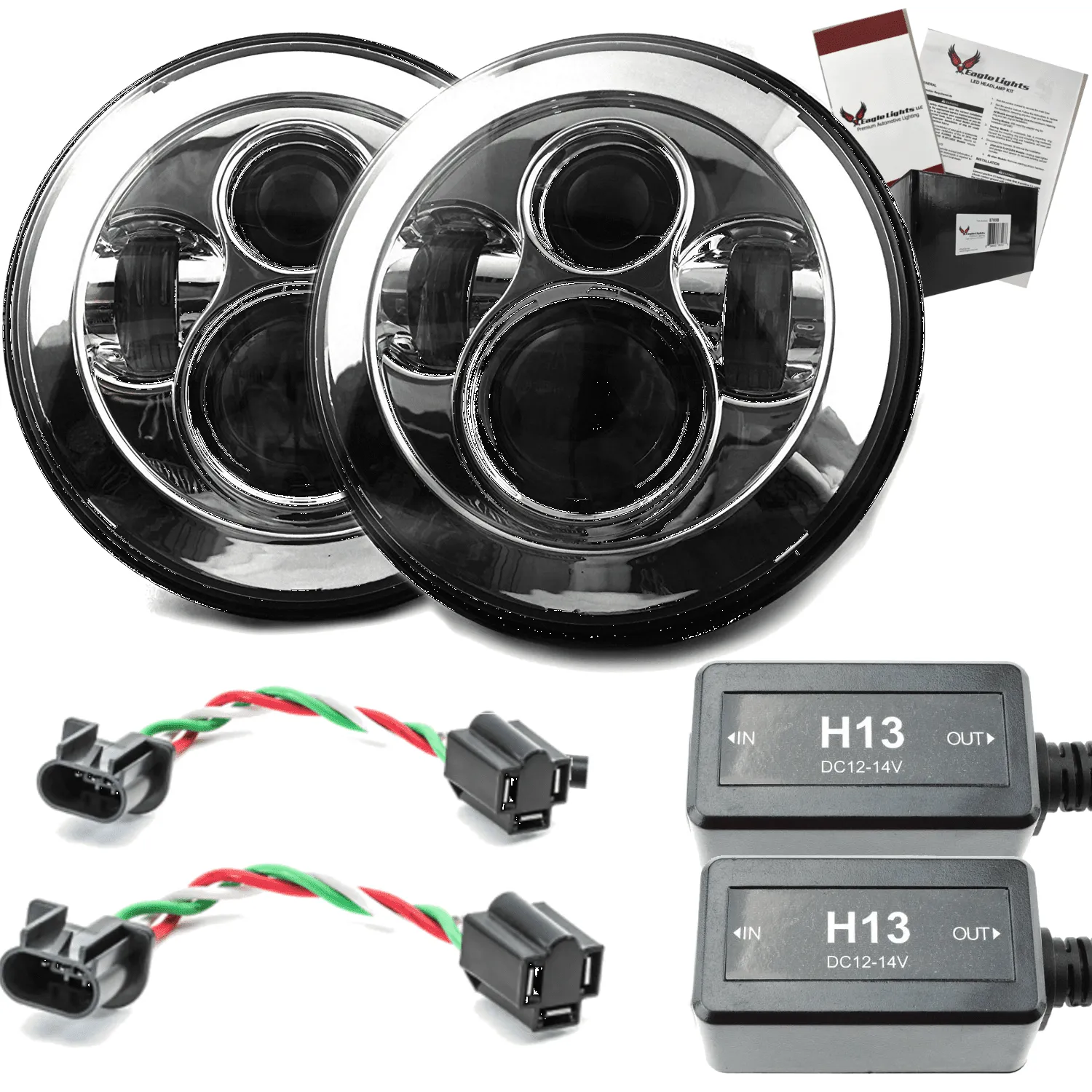 Eagle Lights 8700 7" Round Chrome Jeep Wrangler LED Projection Headlight Kit with Anti-flicker Harnesses