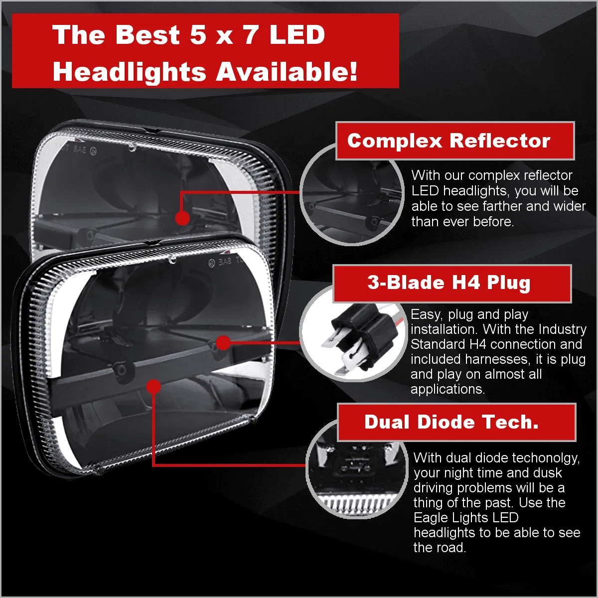 Eagle Lights Complex Reflector 5 x 7 LED Headlight w/ Negative Harness For Toyota Models