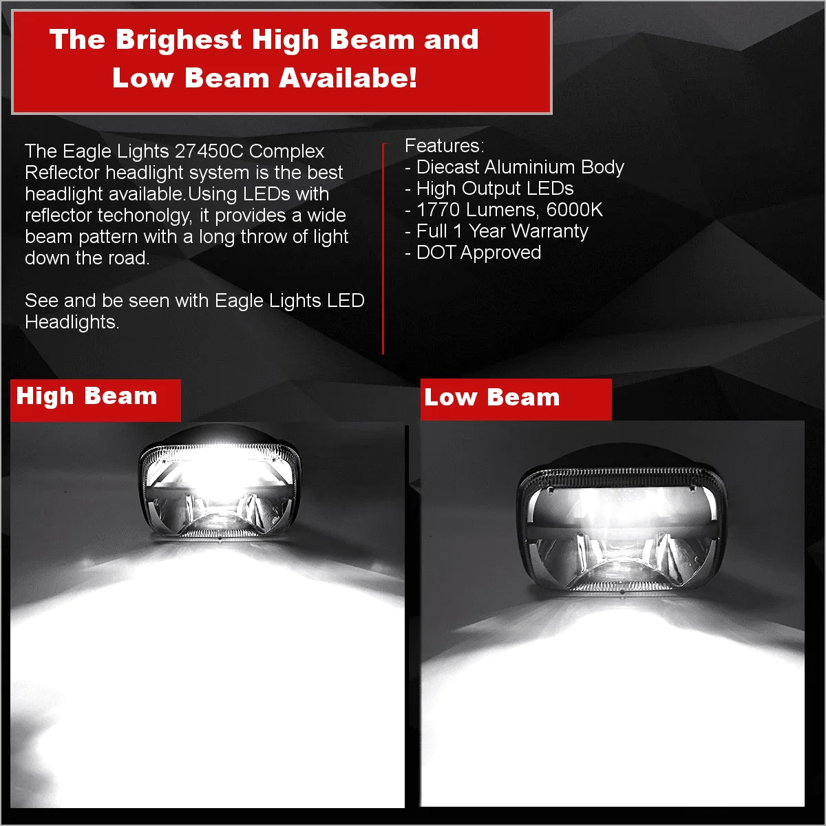Eagle Lights Complex Reflector 5 x 7 LED Headlight w/ Negative Harness For Toyota Models
