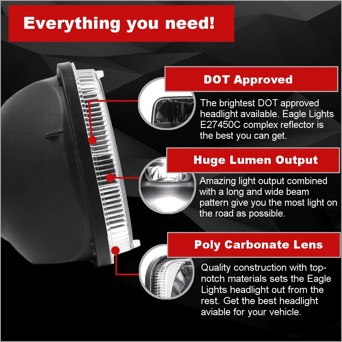 Eagle Lights Complex Reflector 5 x 7 LED Headlight w/ Negative Harness For Toyota Models
