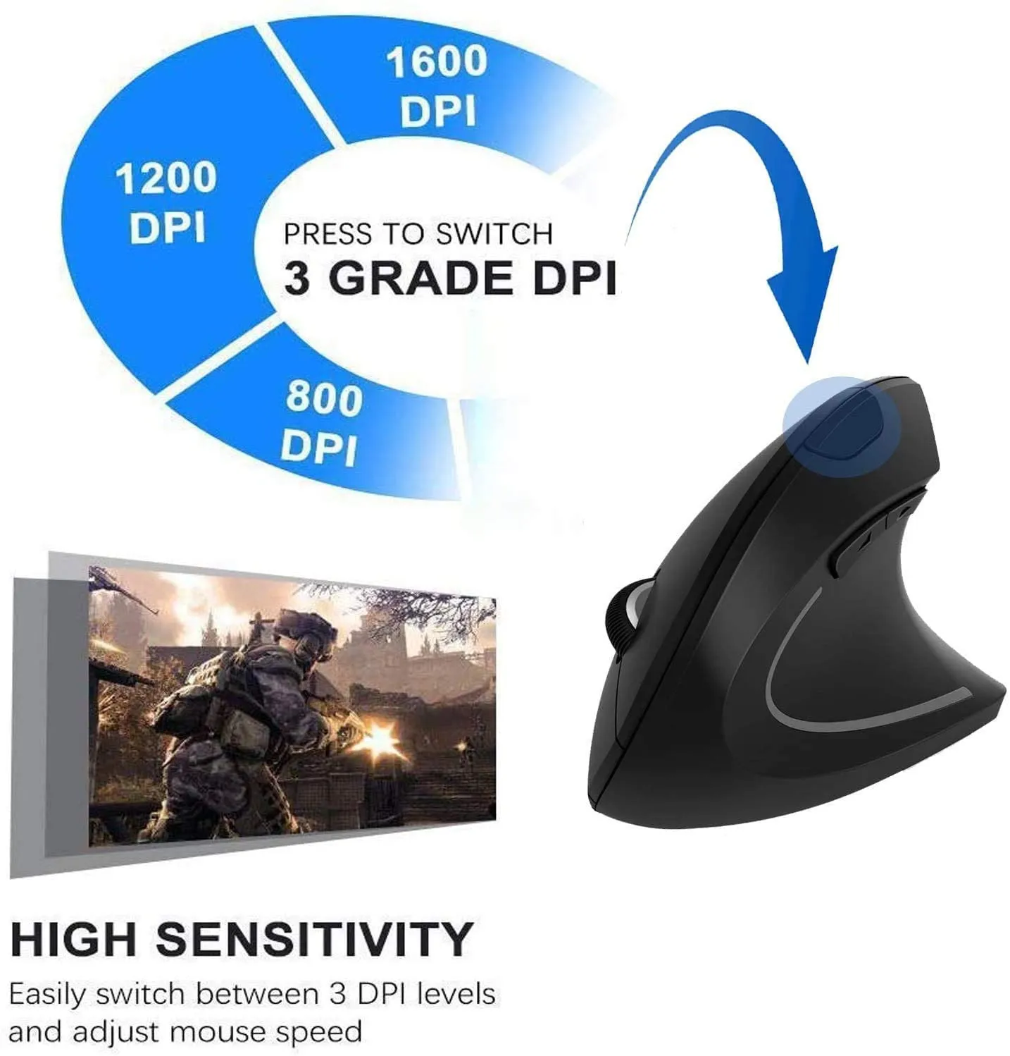 Ergonomic Mouse Wireless, 2.4G USB Vertical Gaming Mouse with 3 Adjustable DPI 800/1600/2400 Levels 6 Buttons Design for Computer, Laptop, PC, MacBook
