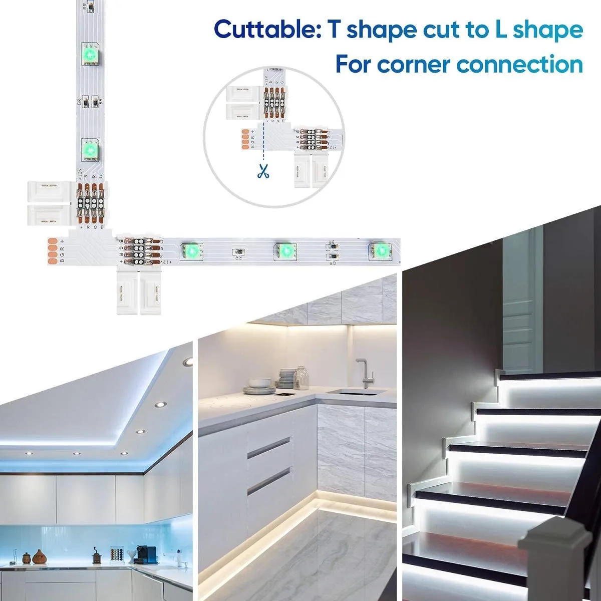 FluxTech - IP20 LED Strip Light T-Shape, L-Shape, X-Shaped Non-Waterproof Solderless Snap Strip to Strip Wire Connectors. (Pack of 2)