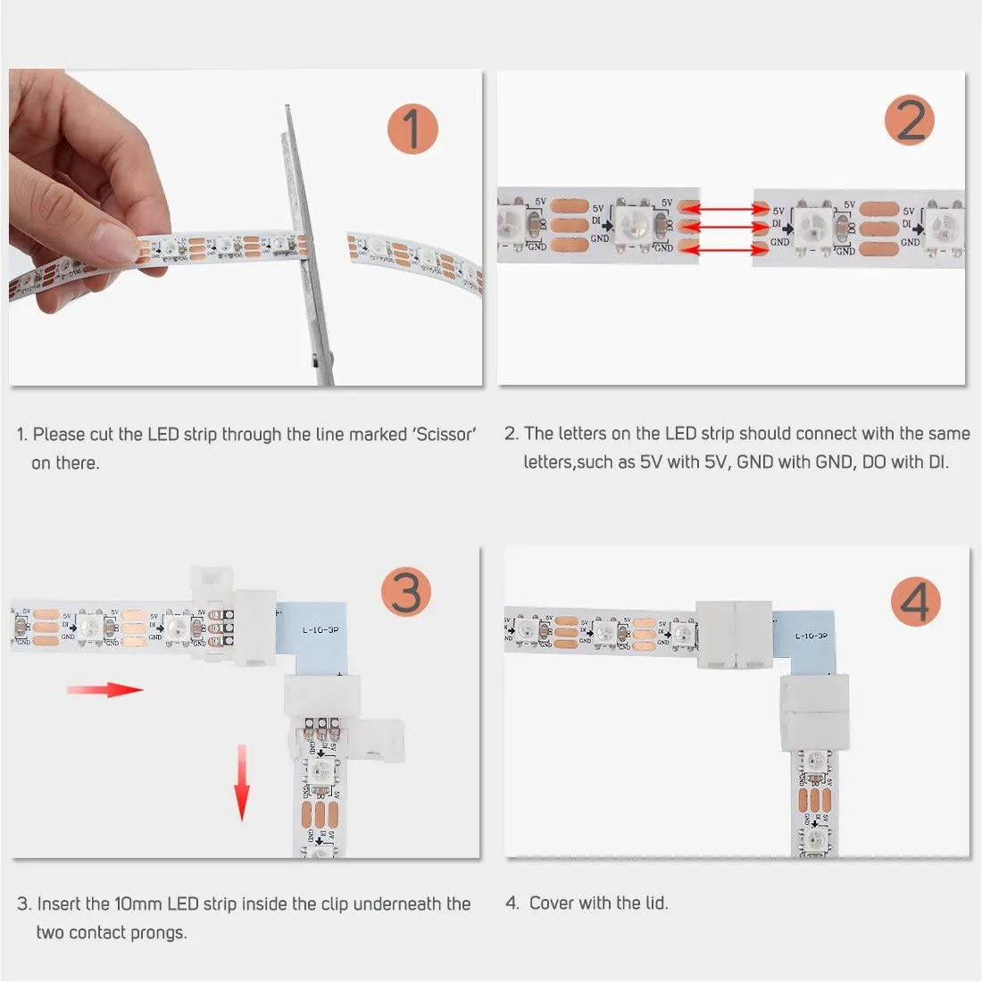FluxTech - IP20 LED Strip Light T-Shape, L-Shape, X-Shaped Non-Waterproof Solderless Snap Strip to Strip Wire Connectors. (Pack of 2)
