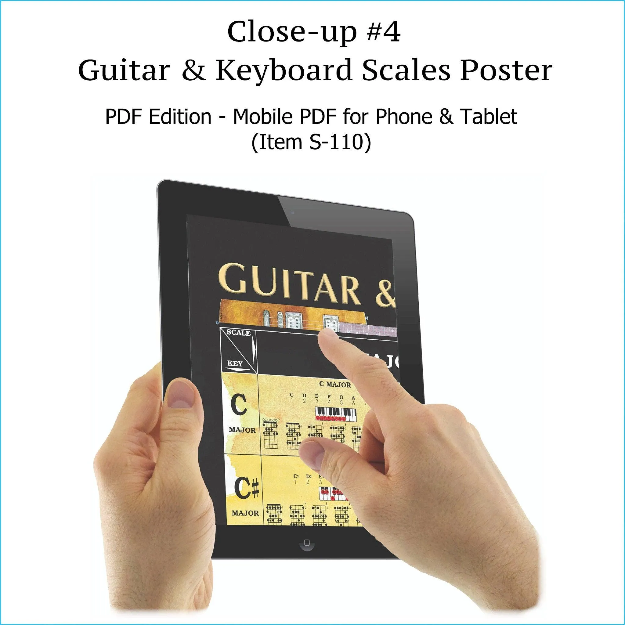 Item S-109: Guitar & Keyboard Scales Poster, LAMINATED Wall Chart. Comes with High-Resolution PDF Version (S-110) & LAMINATED Chord Progression Chart for Piano & Guitar (S-114). FREE SHIPPING – USA & Canada.