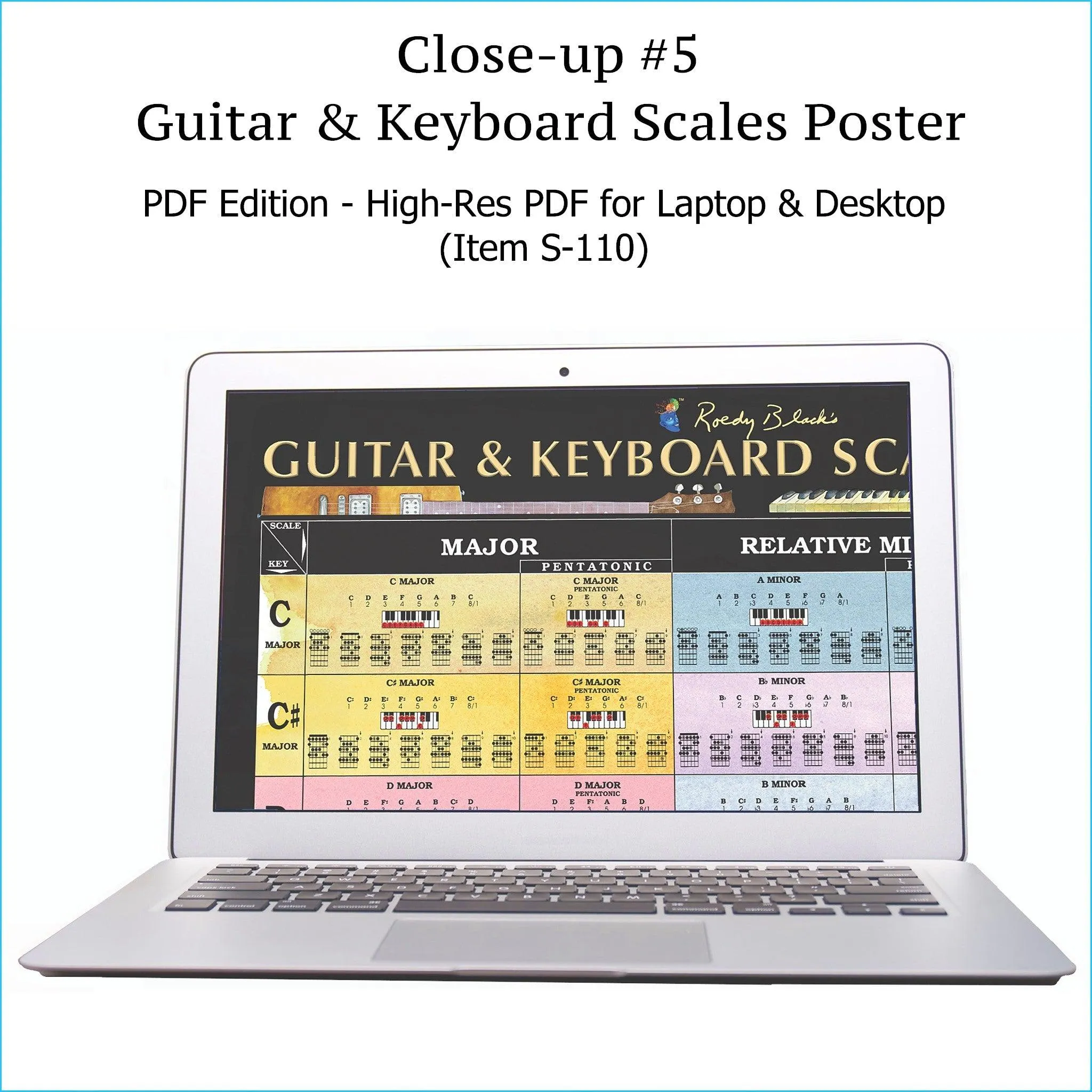 Item S-109: Guitar & Keyboard Scales Poster, LAMINATED Wall Chart. Comes with High-Resolution PDF Version (S-110) & LAMINATED Chord Progression Chart for Piano & Guitar (S-114). FREE SHIPPING – USA & Canada.