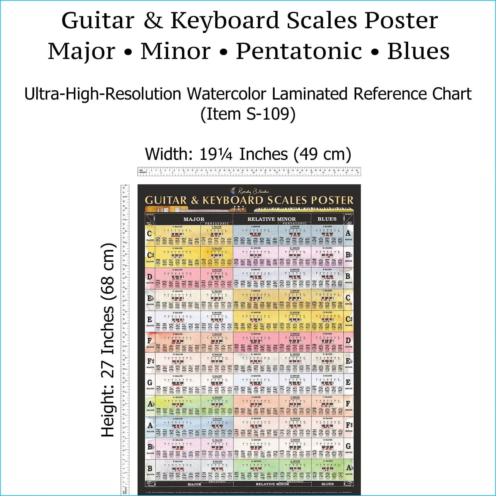 Item S-109: Guitar & Keyboard Scales Poster, LAMINATED Wall Chart. Comes with High-Resolution PDF Version (S-110) & LAMINATED Chord Progression Chart for Piano & Guitar (S-114). FREE SHIPPING – USA & Canada.