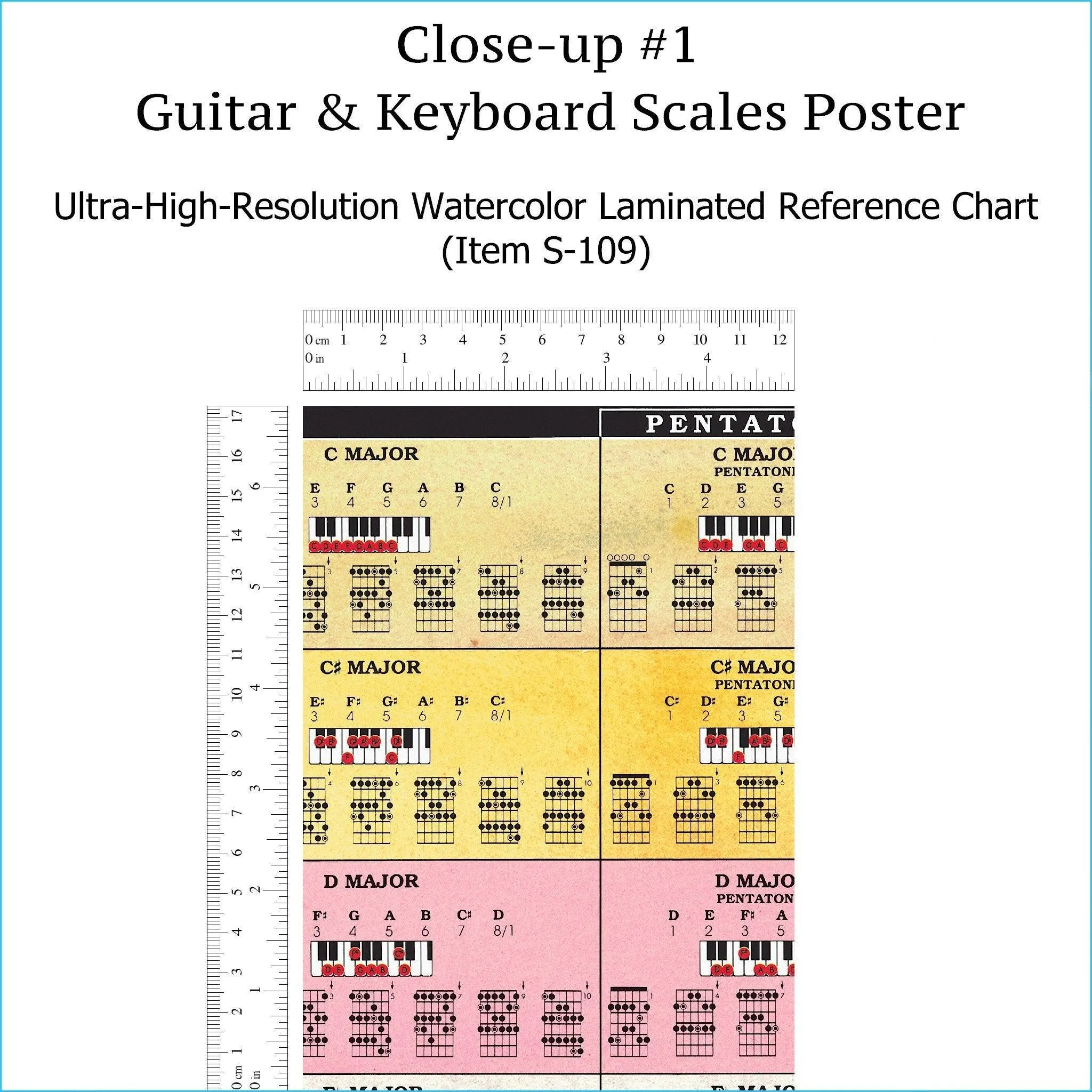 Item S-109: Guitar & Keyboard Scales Poster, LAMINATED Wall Chart. Comes with High-Resolution PDF Version (S-110) & LAMINATED Chord Progression Chart for Piano & Guitar (S-114). FREE SHIPPING – USA & Canada.