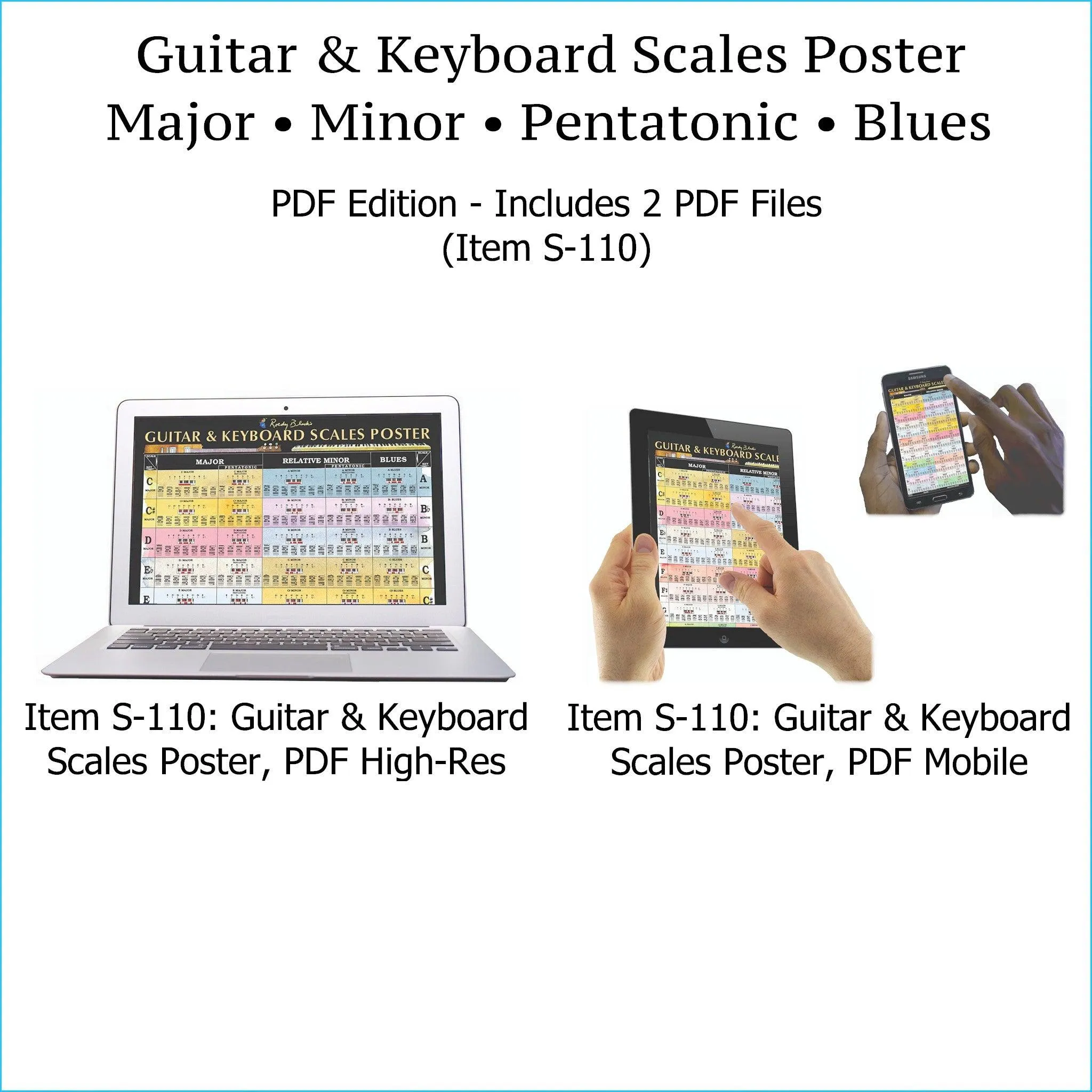 Item S-109: Guitar & Keyboard Scales Poster, LAMINATED Wall Chart. Comes with High-Resolution PDF Version (S-110) & LAMINATED Chord Progression Chart for Piano & Guitar (S-114). FREE SHIPPING – USA & Canada.