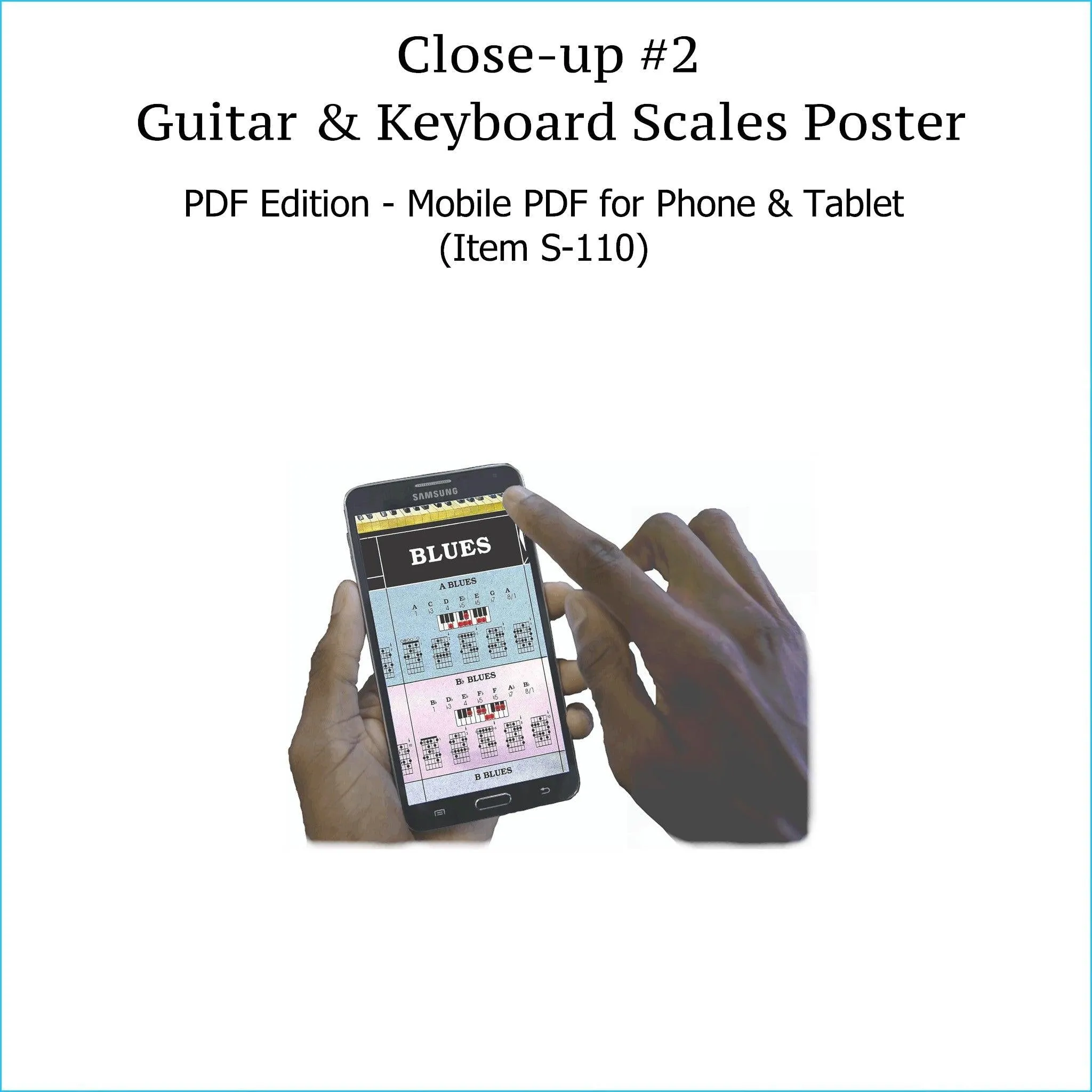 Item S-109: Guitar & Keyboard Scales Poster, LAMINATED Wall Chart. Comes with High-Resolution PDF Version (S-110) & LAMINATED Chord Progression Chart for Piano & Guitar (S-114). FREE SHIPPING – USA & Canada.
