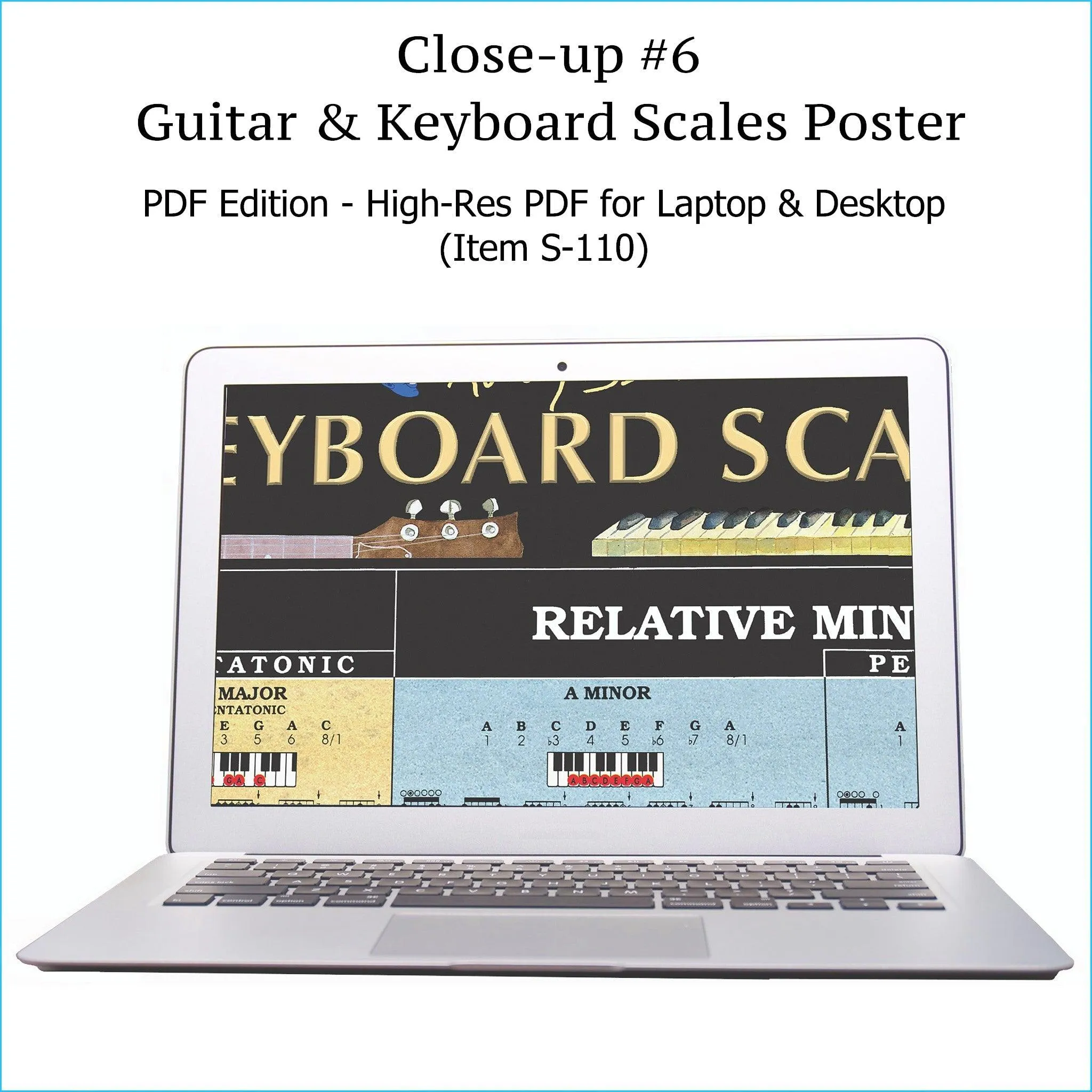 Item S-109: Guitar & Keyboard Scales Poster, LAMINATED Wall Chart. Comes with High-Resolution PDF Version (S-110) & LAMINATED Chord Progression Chart for Piano & Guitar (S-114). FREE SHIPPING – USA & Canada.