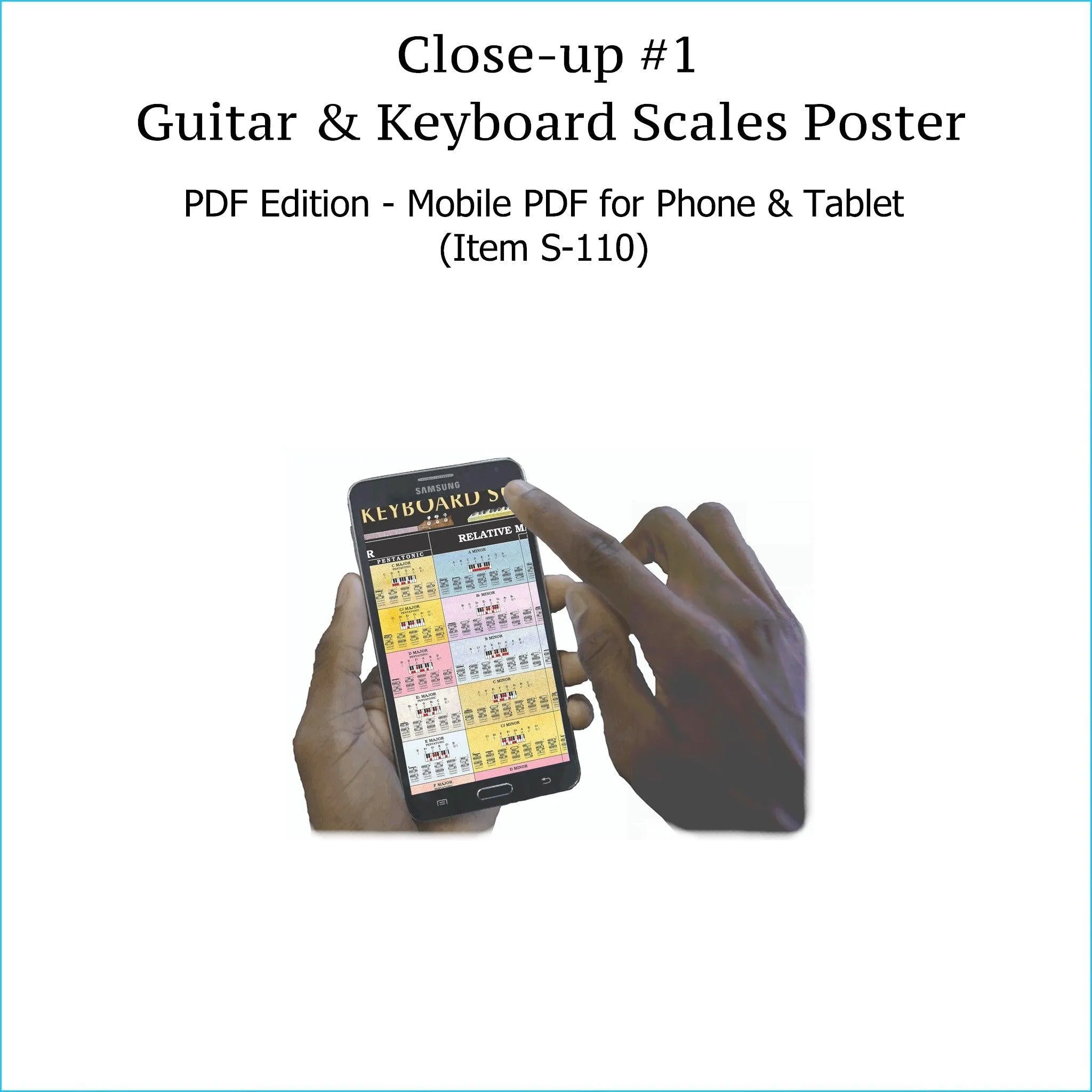 Item S-109: Guitar & Keyboard Scales Poster, LAMINATED Wall Chart. Comes with High-Resolution PDF Version (S-110) & LAMINATED Chord Progression Chart for Piano & Guitar (S-114). FREE SHIPPING – USA & Canada.
