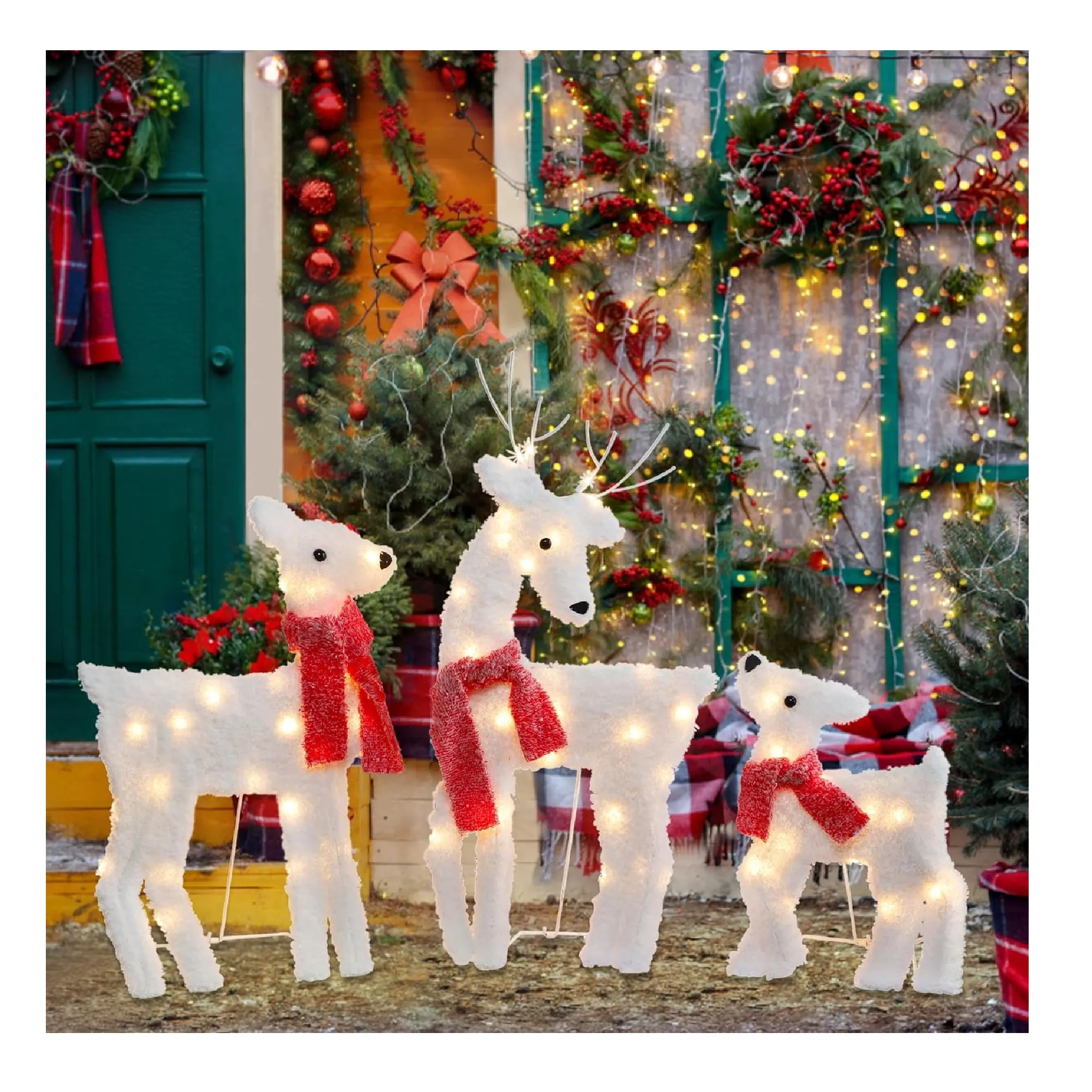 Joliyoou 2D Christmas Yard Decoration, Set of 3 Pre-lit Reindeer with 60 LEDs Warm White Lights for Xmas Front Door Indoor Outdoor Lighted Holiday Displays (Plush Look)
