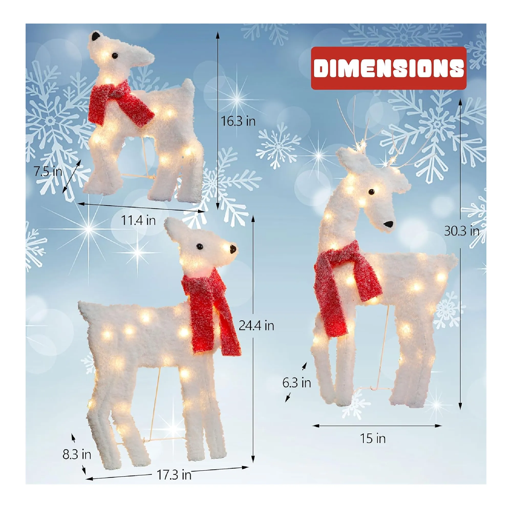 Joliyoou 2D Christmas Yard Decoration, Set of 3 Pre-lit Reindeer with 60 LEDs Warm White Lights for Xmas Front Door Indoor Outdoor Lighted Holiday Displays (Plush Look)