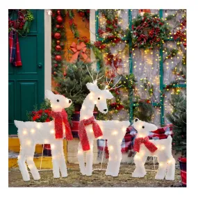 Joliyoou 2D Christmas Yard Decoration, Set of 3 Pre-lit Reindeer with 60 LEDs Warm White Lights for Xmas Front Door Indoor Outdoor Lighted Holiday Displays (Plush Look)